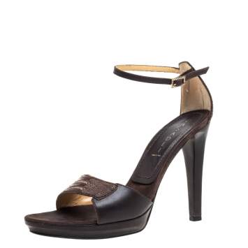 Pre Owned Casadei Brown Leather and Ostrich Leg Ankle Strap Platform Sandals Size 40