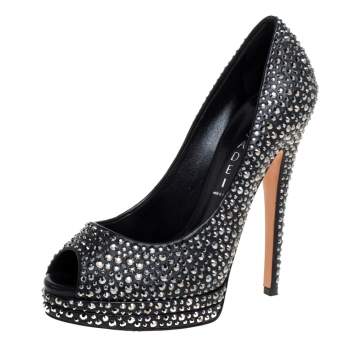 Pre Owned Casadei Black Leather Swarovski Crystal Embellished Peep Toe Pumps Size 37