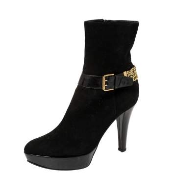 Pre Owned Casadei Black Suede Buckle Chain Embellished Ankle Boots Size 39