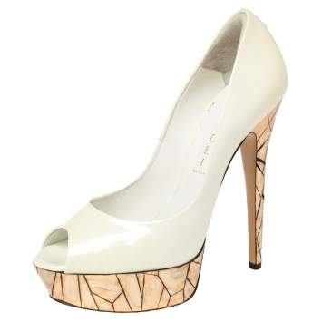 Pre Owned Casadei White Patent Leather Mosaic Mirror Heel Peep Toe Platform Pumps Size 39