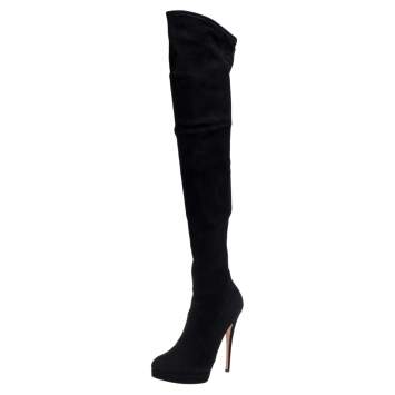 Pre Owned Casadei Black Suede Over Knee Boots Size 41