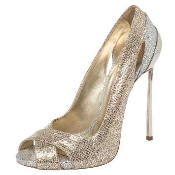 Pre Owned Casadei Gold/Silver Glitter Fabric Peep Toe Pumps Size 39
