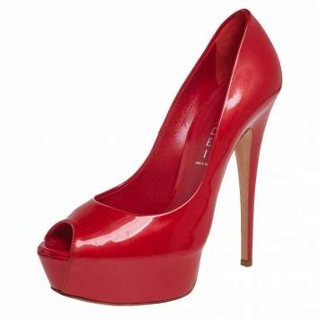 Pre Owned Casadei Red Patent Leather Platform Peep Toe Pumps Size 39