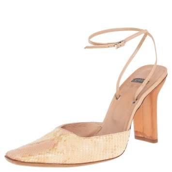 Pre Owned Casadei Beige Snakeskin Square Toe Ankle Wrap Sandals Size 38.5