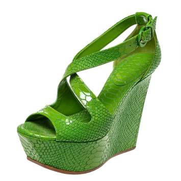 Pre Owned Casadei Green Snake Embossed Leather Ankle Strap Platform Sandals Size 36.5