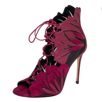 Pre Owned Casadei Laser Burgundy Suede And Leather Peep Toe Lace Up Booties Size 36 