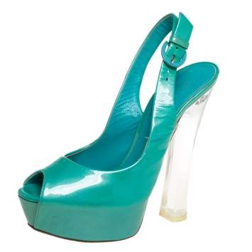 Pre Owned Casadei Green Patent Leather Platform Slingback Sandals Size 38
