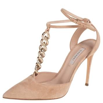 Pre Owned Casadei Beige Suede Chain Strap Pumps Size 36
