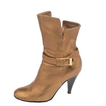 Pre Owned Casadei Gold Leather Ankle Length Boots Size 36