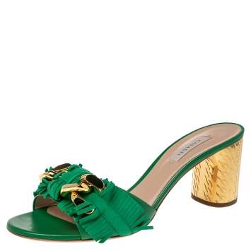 مملوكة مسبقًا Casadei Green Suede and Leather Fringe Chain Sandals Size 40