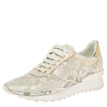 Pre Owned Casadei White/Gold Lace and Leather Trim Lace Up Sneakers Size 38