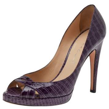 Pre Owned Casadei Purple Croc Embossed Patent Leather Peep Toe Pumps Size 38