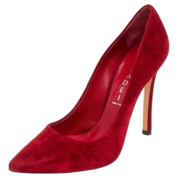 Pre Owned Casadei Red Suede Pointed Toe Pumps Size 37.5