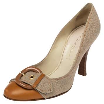 Pre Owned Casadei Beige Leather And Canvas Buckle Detail Metal Cap Toe Pumps Size 38