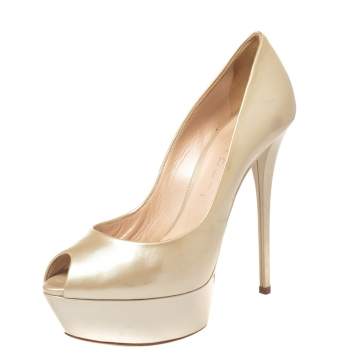 Pre Owned Casadei Beige Patent Leather Daisy Peep Toe Platform Pumps Size 37.5 