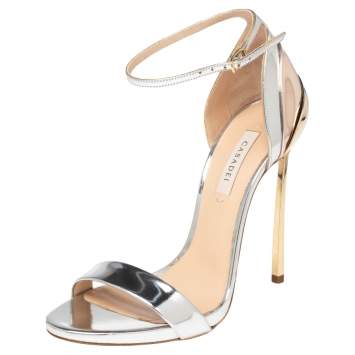 Pre Owned Casadei Silver/Gold Foil Leather Techno Blade Ankle Strap Sandals Size 37