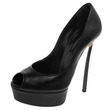Pre Owned Casadei Black Leather  Peep Toe Platform Pumps Size 36