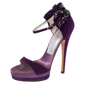 Pre Owned Casadei Purple Suede Crystal Embellished Ankle Wrap Platform Sandals Size 36