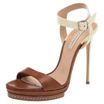 Pre Owned Casadei Brown/Cream Patent And  Leather Ankle Strap Platform Sandals Size 37