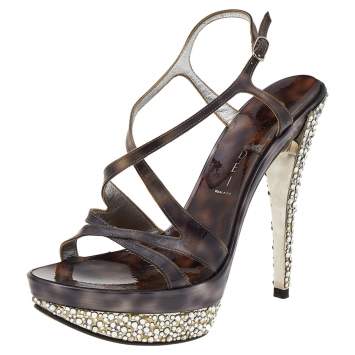 Pre Owned Casadei Brown PVC Strappy Crystal Embellished Platform Sandals Size 37