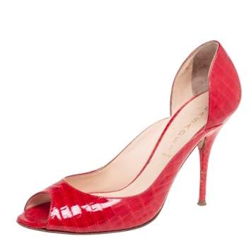 Pre Owned Casadei Red Croc Embossed Leather Peep Toe Platform Pumps Size 39