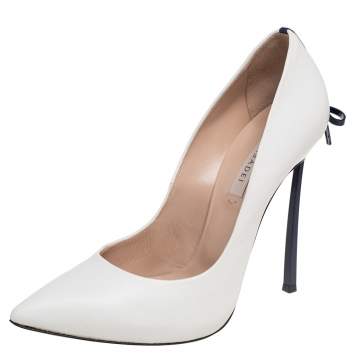 Pre Owned Casadei White Leather Blade Bow Pumps Size 36.5
