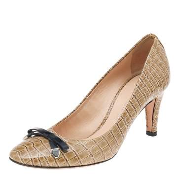 Pre Owned Casadei Olive Croc Embossed Leather Pumps Size 36.5