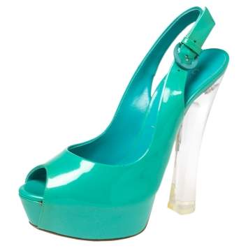 Pre Owned Casadei Aqua Green Patent Leather Peep-Toe Slingback Pumps Size 39