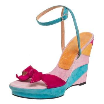 Pre Owned Casadei Multicolor Suede Bow Ankle-Strap Wedge Sandals Size 37 
