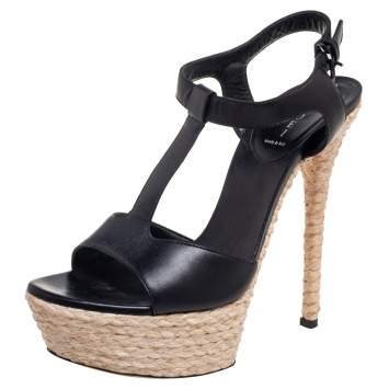 Pre Owned Casadei Black Leather T-Strap Platform Espadrille Sandals Size 39