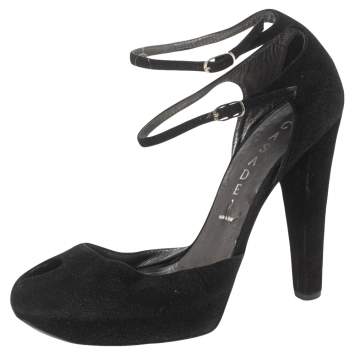 Pre Owned Casadei Black Suede Peep-Toe Ankle Strap Platform Sandals Size 35