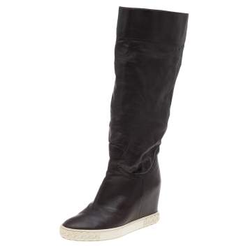 Pre Owned Casadei Brown Leather Wedge Mid Calf Boots Size 38
