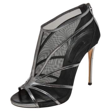 Pre Owned Casadei Metallic Grey/Black Leather and Mesh Open-Toe Ankle Booties Size 38