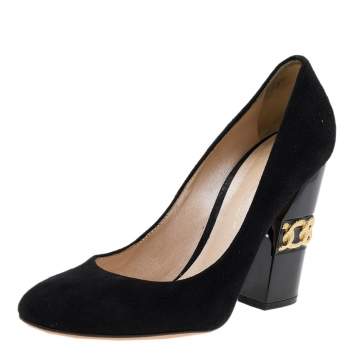 Pre Owned Casadei Black Suede Chain Block Heel Round Toe Pumps Size 38.5
