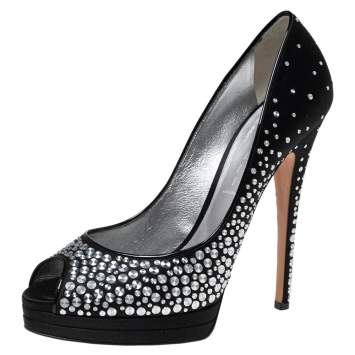 Pre Owned Casadei Black Studded Satin Peep-Toe Platform Pumps Size 40.5
