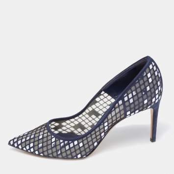 Pre Owned Casadei Navy Blue  Mesh And Suede Pointed Toe Pumps Size 38.5