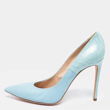 Pre Owned Casadei Blue Croc Embossed Patent And Leather Pointed Toe Pumps Size 39