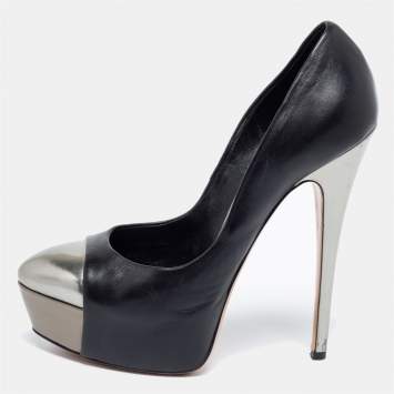 Pre Owned Casadei Black/Silver Leather Cap Toe Platform  Pumps Size 38
