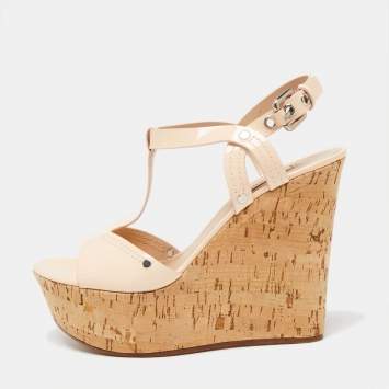 Pre Owned Casadei Pale Pink Patent Leather Cork Wedge T Strap Sandals Size 41