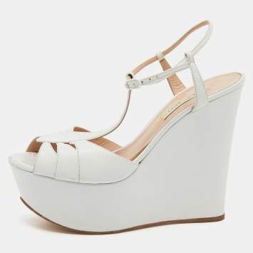 Pre Owned Casadei White Leather Wedge Platform T-Strap Sandals Size 38