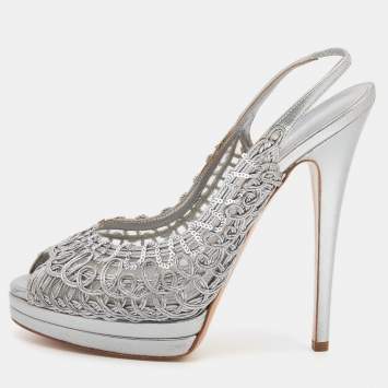 مملوكة مسبقًا Casadei Metallic Grey Leather Platform Slingback Sandals Size 39