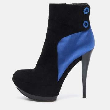 Pre Owned Casadei Black/Blue Suede And Satin Platform Ankle Boots Size 38