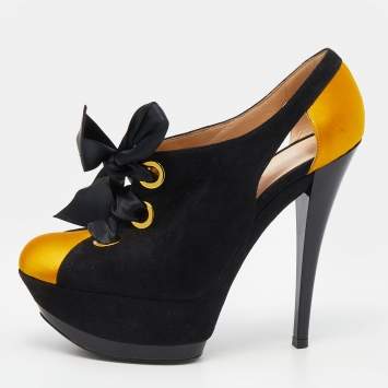 Pre Owned Casadei Black/Yellow Suede And Satin Lace Up Platform Booties Size 37.5