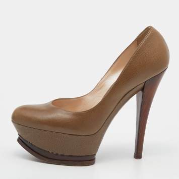 Pre Owned Casadei Khaki Leather Platform Pumps Size 37.5
