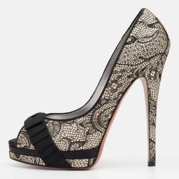 مملوكة مسبقًا Casadei Black/Beige Lace and Leather Peep Toe Platform Pumps Size 39