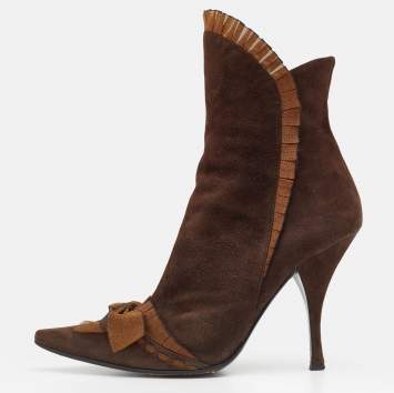 Pre Owned Casadei Brown Suede Bow Detail Ankle Length Boots Size 37