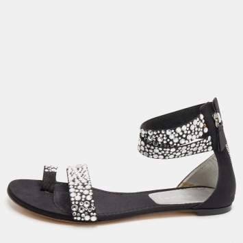 Pre Owned Casadei Black Embellished Fabric And Satin Ankle Cuff Flat Sandals Size 39