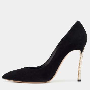 Pre Owned Casadei Black Suede Pearl Embellished Heel Pointed Toe Pumps Size 38