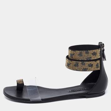 مملوكة مسبقًا Casadei Black Leather And PVC Crystal Embellished Vinil Ankle Cuff Flat Sandals Size 38.5