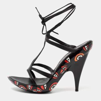 Pre Owned Casadei Black Leather Strappy Tie Up Sandals Size 38